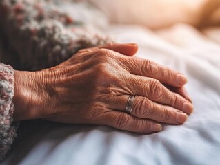 Closeup of Elderly Hand with Ring on White Fabric