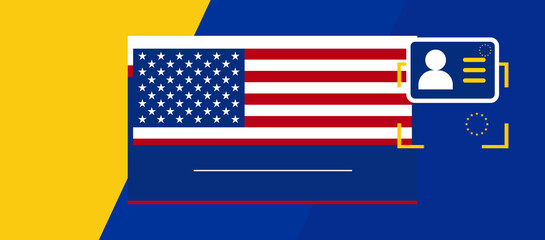electronic identification by scan or passport and personal data, people silhouette id card and USA flag and Europe flag creative