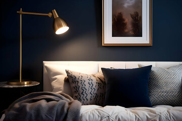 Cozy bedroom scene with a lamp, pillows, and artwork on a dark wall.