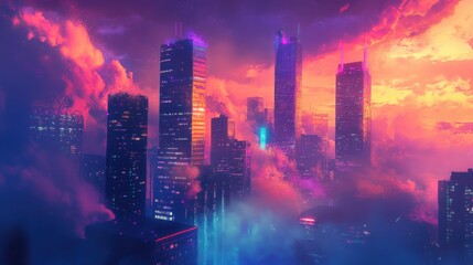 Fototapeta premium Neon Cityscape Under a Pink and Orange Sky