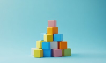 Colorful building blocks arranged in a pyramid shape on a light blue background, showcasing creativity and playfulness