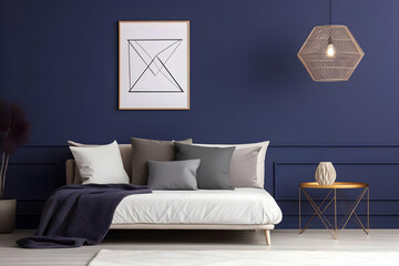 Modern living room with a minimalist design featuring a sofa, cushions, and artistic decor.