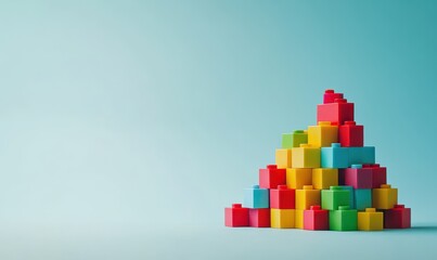 Colorful building blocks arranged in a pyramid shape on a light blue background, showcasing creativity and playfulness