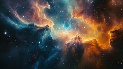 Cosmic Nebula with Blue and Orange Gas Clouds and Scattered Stars