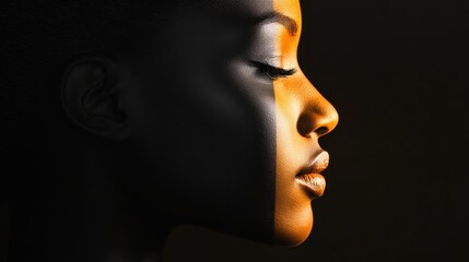 A striking profile of a person showcases beautiful facial features highlighted by dramatic lighting against a dark background.
