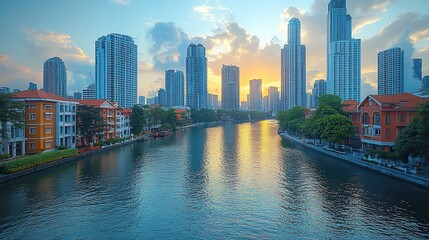 Fototapeta premium A panoramic view highlights the new canal and towering skyscrapers, symbolizing urban development and innovation.