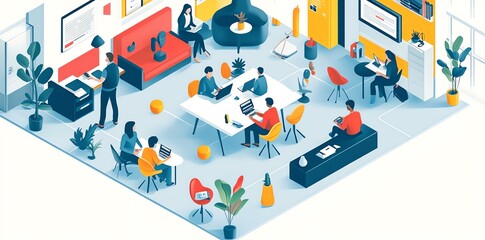 A colorful illustration of a modern office space, featuring a diverse group of people working at desks,