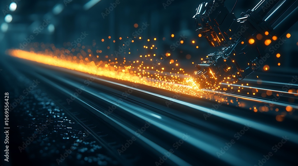 Poster a close-up view of sparks flying from a machine, illuminating metallic tracks in a dimly lit industr