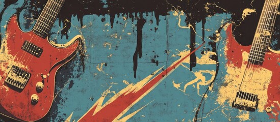 Classic rock band-inspired design with guitars, lightning bolts, and retro fonts, bold colors, distressed look, vintage rock and roll style, energetic and edgy"