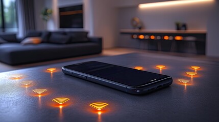 A phone with a smart home app, surrounded by wifi icons, highlights the increasing integration of IoT in modern living spaces.