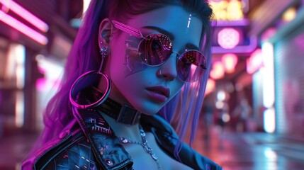 Cyberpunk cosplay woman with neon lights, AI generated image