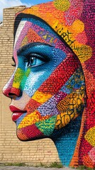 Obraz premium A colorful mural of a woman's face on a brick wall.
