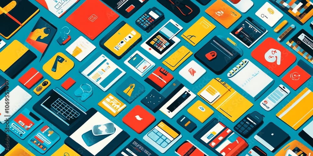 Poster a colorful pattern of various objects and icons, including phones, computers, notebooks, and more, o