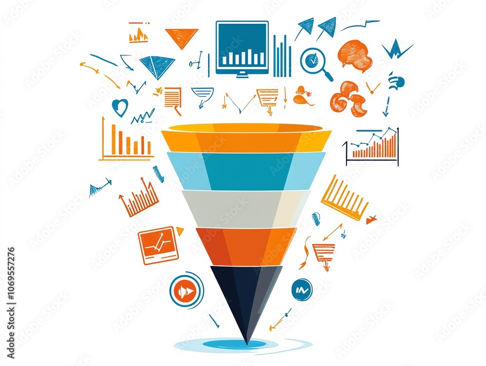 Poster a colorful sales funnel with various business and marketing icons scattered around it.