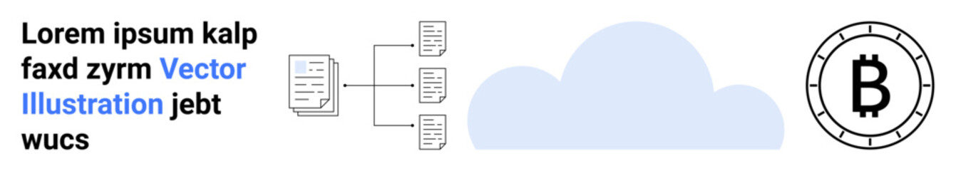 Data structures connecting to cloud storage, Bitcoin symbol on a coin. Ideal for cryptocurrency, data management, digital storage, finance, blockchain, cloud computing, network integration. Landing