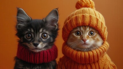Fototapeta premium cat and dog playfully dressed in halloween costumes, set against a bold orange background, capturing the whimsy and fun of the holiday spirit