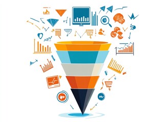 A colorful sales funnel with various business and marketing icons scattered around it.