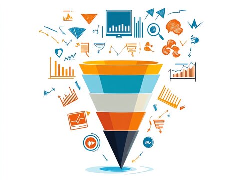 A colorful sales funnel with various business and marketing icons scattered around it.