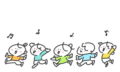 笑顔ではしゃぎながら行進する人達　手描きイラスト