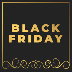 Black Friday, big sale template with gold vintage ornamental frame and typography on black background. Creative concept for card, banner, poster. Vector illustration