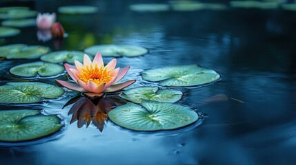 A pink water lily blossoms on a tranquil pond surrounded by green lily pads at dawn