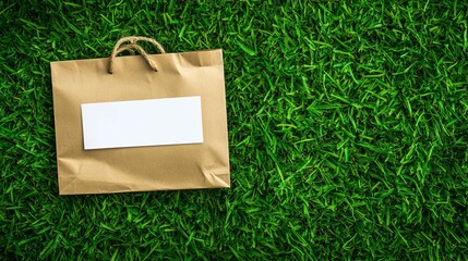 brown paper bag on green grass with blank card for eco-friendly concept