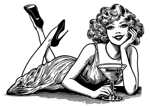 glamorous retro woman lounging with a martini, evoking vintage elegance and charm sketch engraving generative ai fictional character PNG illustration. Scratch board imitation. Black and white image
