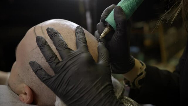 Close up shots of Scalp micropigmentation, also known as a hair tattoo, can cover bald spots or thinning hair without surgery