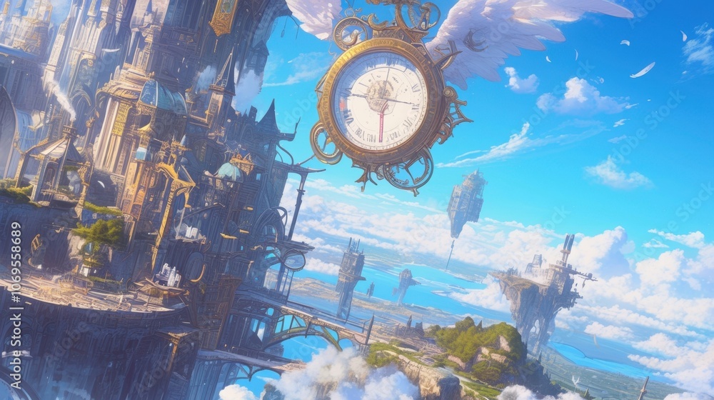 Poster a fantastical realm where giant floating feathers keys and clocks hang in the sky creating a whimsic