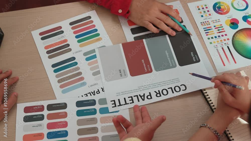 Poster top view hand closeup on workspace table of two designer choosing color for graphic design working o