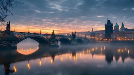 Naklejka premium Majestic historic bridge arching over a tranquil river with stunning reflection during a dramatic and colorful sunrise in a picturesque city skyline