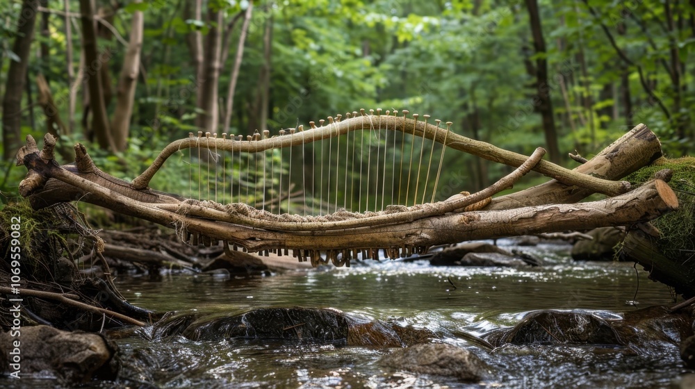 Aufkleber a string instrument crafted from branches and twine enchanted by a forest spirit to mimic the soothi