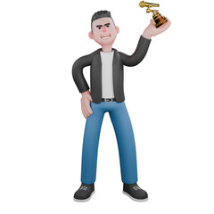 Animated Music Character in 3D. A male musician is standing with his left hand his left hand raises the trophy and his right hand is on his waist. Musik Star