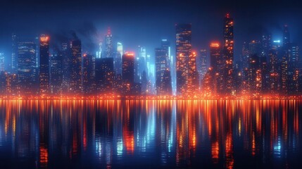 city skyline at night, with a modern office building glowing brightly, reflecting the twinkling lights of the urban landscape, creating an atmosphere of sophistication and professional energy