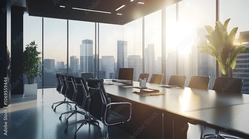 Aufkleber modern and spacious conference room with a large rectangular table surrounded by chairs situated in 