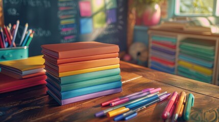 Colorful Books and Pens on Wooden Table