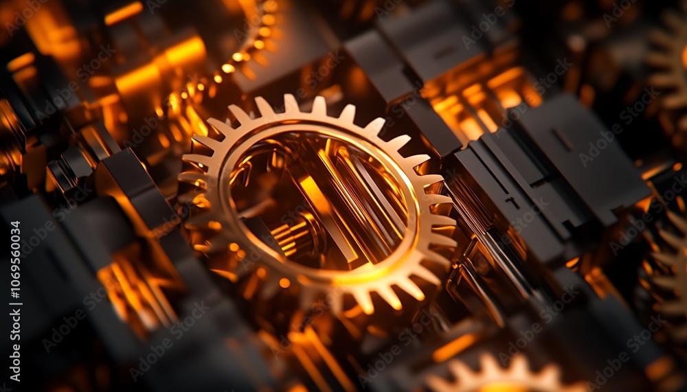 Poster An intricate close-up of golden gears interwoven with complex machinery components, showcasing a blend of technology and craftsmanship.