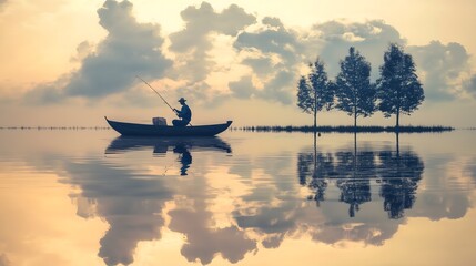 A Fisherman Casts His Line at Dusk Embracing Tranquility on a Serene Lake