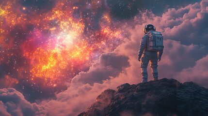 A sci-fi concept shows an astronaut standing on a massive rock, gazing at a vividly colored acid planet depicted in a stunning digital art style.