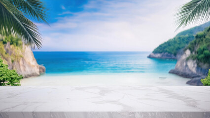 Fototapeta premium 3d rendering white marble stone podium platform for cosmetic product showcase. Geometric cylinder shapes on sand beach with tropical palm leaf in natural sunlight and blue sky for sea concept