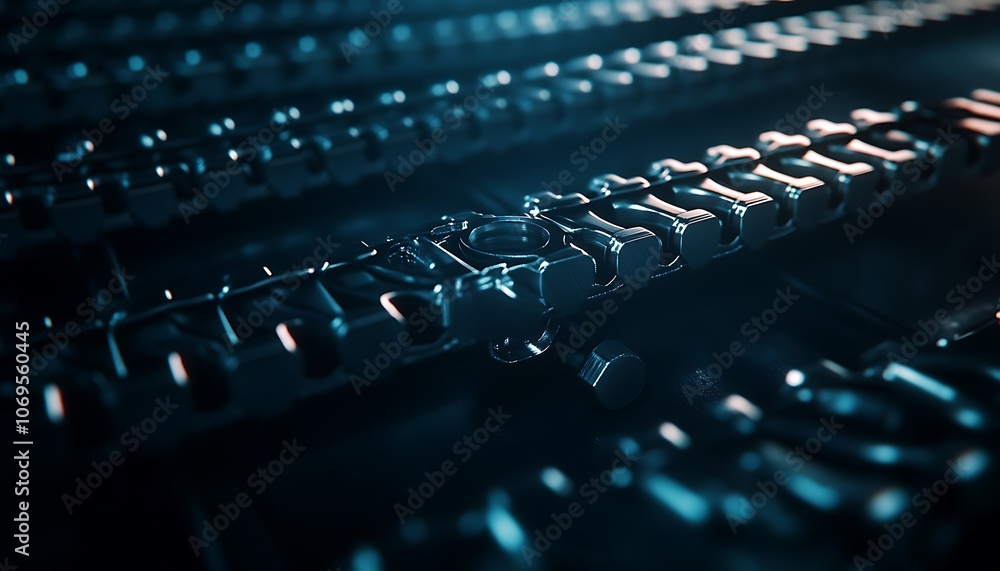 Aufkleber a close-up view of intricate, interconnected mechanical components with a glowing blue hue, emphasiz