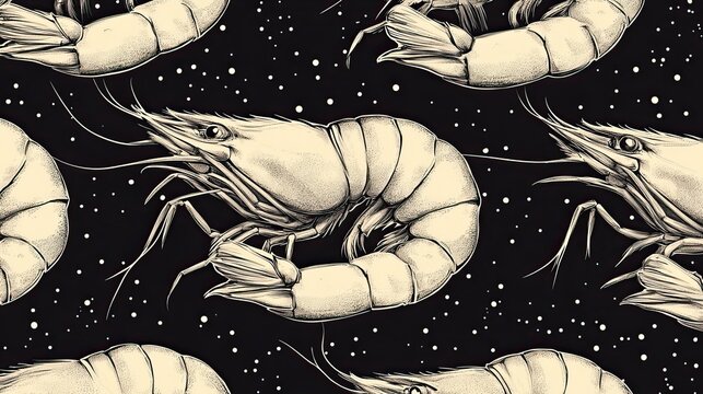 A seamless seafood pattern with hand-drawn shrimps, rendered in vintage sketch style, gives a thematic touch, bringing artistic flair to vector illustrations commonly used in culinary design projects.