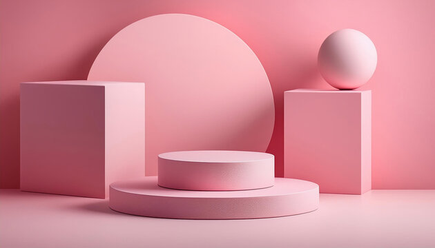 3d rendering pink podium platform for social media cosmetic product showcase on geometric cylinder and rectangle shapes background in studio. Valentine  holiday
