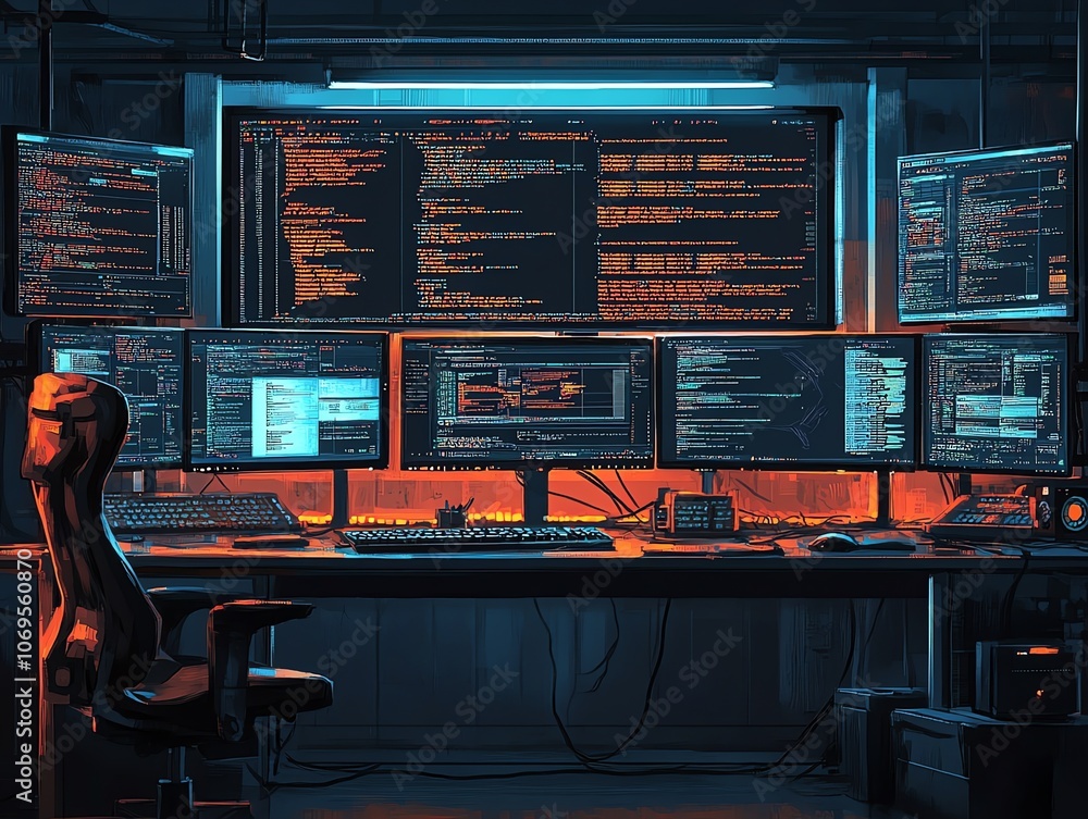 Poster A dark room with a desk and five monitors displaying computer code.