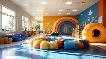 A sensory gym space designed for children's rehabilitation helps them build strength and coordination while addressing sensory integration disorders.