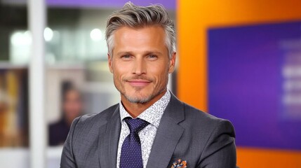 Naklejka premium Professional man in a tailored suit smiles confidently during a broadcast at a modern studio with colorful backgrounds