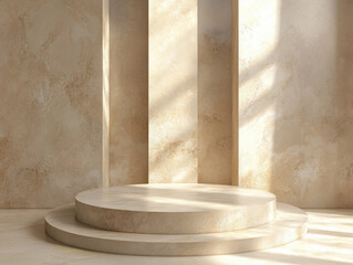 serene and minimalistic empty background featuring sand colored stone pedestal podium, illuminated by soft light. This setting is perfect for showcasing products or art