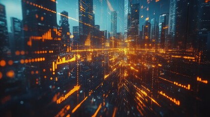 Obraz premium A futuristic cityscape with glowing lines and data streams, representing digital technology and urban life.