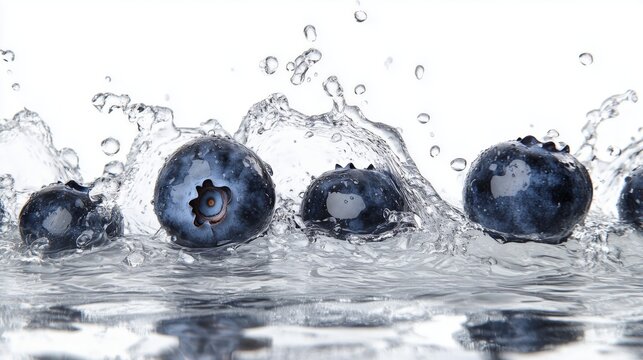 Blueberries splashing dynamically in water, creating a fresh, clean visual. AI generated