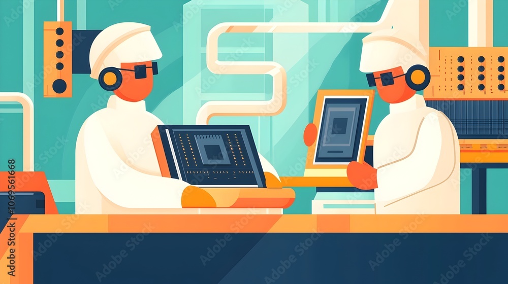 Poster two workers in clean suits and protective gear assembling electronic components and devices in a mod